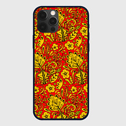 Чехол для iPhone 12 Pro Хохломская роспись золотистые цветы на красном фон, цвет: 3D-черный