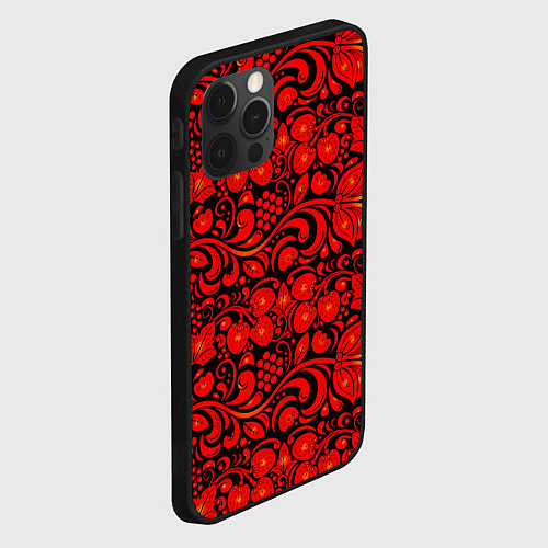 Чехол iPhone 12 Pro Хохломская роспись красные цветы и ягоды на чёрном / 3D-Черный – фото 2