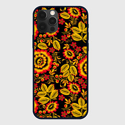 Чехол iPhone 12 Pro Хохломская роспись золотистые листья и цветы чёрно