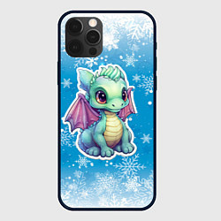 Чехол для iPhone 12 Pro Маленький синий дракон на фоне снежинок, цвет: 3D-черный