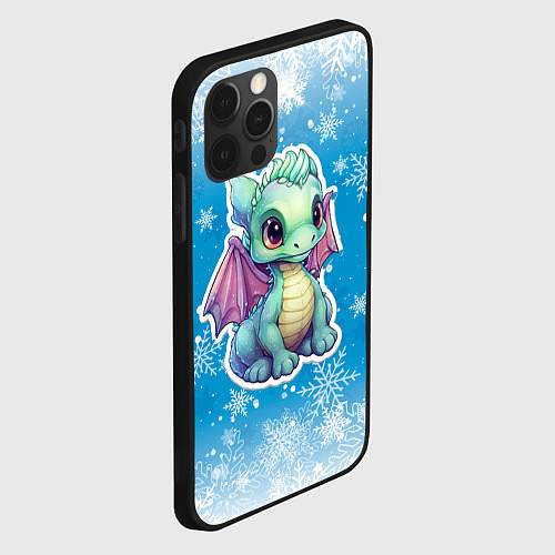 Чехол iPhone 12 Pro Маленький синий дракон на фоне снежинок / 3D-Черный – фото 2