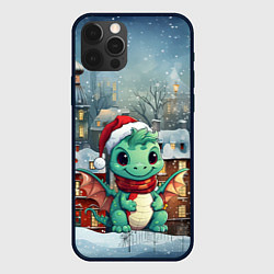 Чехол для iPhone 12 Pro Милый маленький дракон новогодний на фоне домов, цвет: 3D-черный