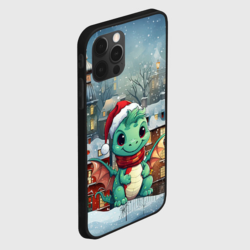 Чехол iPhone 12 Pro Милый маленький дракон новогодний на фоне домов / 3D-Черный – фото 2