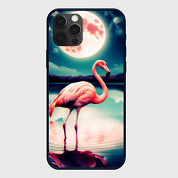 Чехол для iPhone 12 Pro Розовый фламинго на фоне луны, цвет: 3D-черный