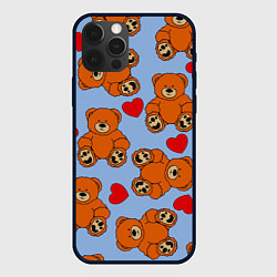 Чехол для iPhone 12 Pro Мишки и сердца на голубом фоне, цвет: 3D-черный
