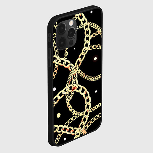 Чехол iPhone 12 Pro Золотые цепи на черном - ювелирные украшения патте / 3D-Черный – фото 2