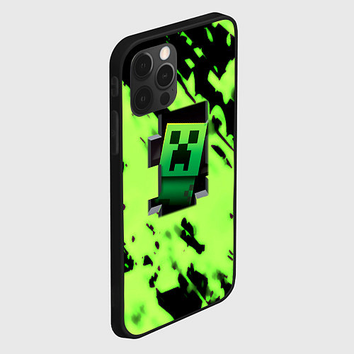 Чехол iPhone 12 Pro Minecraft зеленый паттерн крипер / 3D-Черный – фото 2