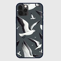 Чехол для iPhone 12 Pro Белый силуэт Чайки на сером - морской паттерн, цвет: 3D-черный
