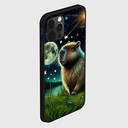 Чехол iPhone 12 Pro Капибара прогулки в полнолуние / 3D-Черный – фото 2