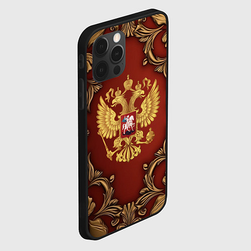 Чехол iPhone 12 Pro Золотой герб России на красном фоне лепнина / 3D-Черный – фото 2
