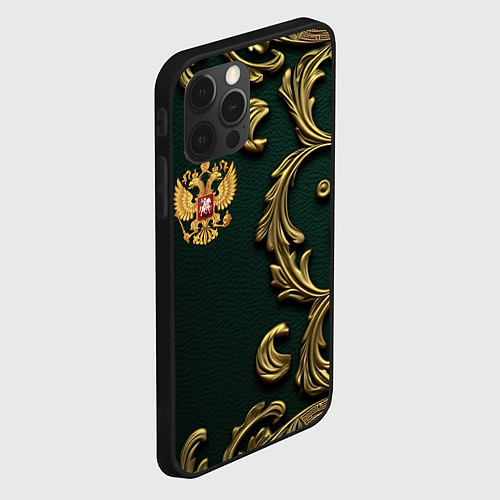 Чехол iPhone 12 Pro Золотой герб России на темном зеленом фоне лепнина / 3D-Черный – фото 2