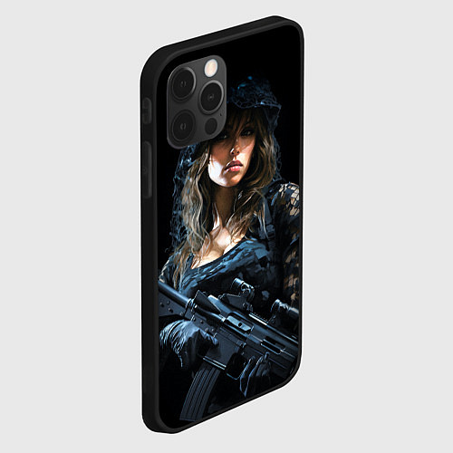 Чехол iPhone 12 Pro Брюнетка снайпер в черном камуфляже / 3D-Черный – фото 2