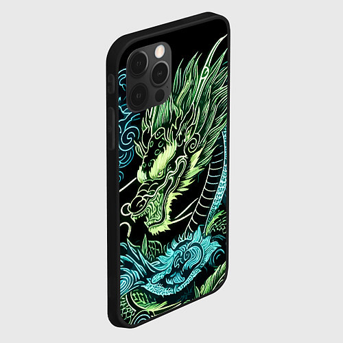 Чехол iPhone 12 Pro Ирезуми - неоновый японский дракон / 3D-Черный – фото 2