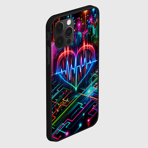 Чехол iPhone 12 Pro Неоновое сердце - кардиограмма / 3D-Черный – фото 2