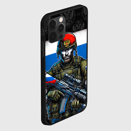 Чехол iPhone 12 Pro Русский солдат на фоне флага / 3D-Черный – фото 2