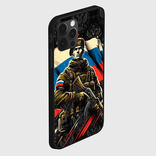 Чехол iPhone 12 Pro Русский солдат на фоне флага России / 3D-Черный – фото 2