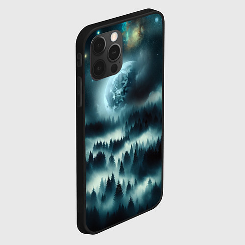 Чехол iPhone 12 Pro Луна и туман в лесу / 3D-Черный – фото 2