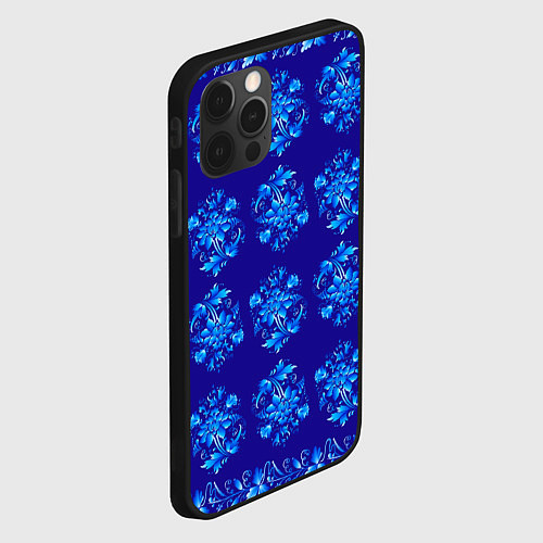 Чехол iPhone 12 Pro Узоры гжель на синем фоне / 3D-Черный – фото 2