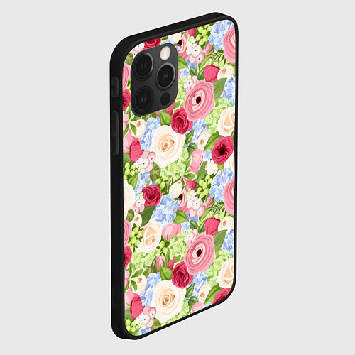 Чехол iPhone 12 Pro Фон с розами, лютиками и гортензиями / 3D-Черный – фото 2