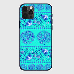 Чехол для iPhone 12 Pro Гжель на бирюзовом фоне, цвет: 3D-черный