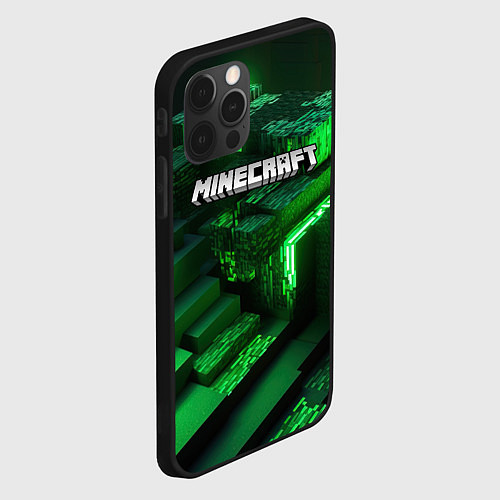 Чехол iPhone 12 Pro Minecraft logo зеленые неоновые кубы / 3D-Черный – фото 2