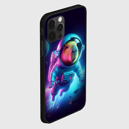Чехол iPhone 12 Pro Полёт капибары в космосе - неон / 3D-Черный – фото 2