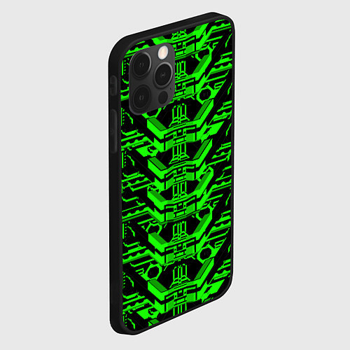 Чехол iPhone 12 Pro Зелёная техно-броня на чёрном фоне / 3D-Черный – фото 2