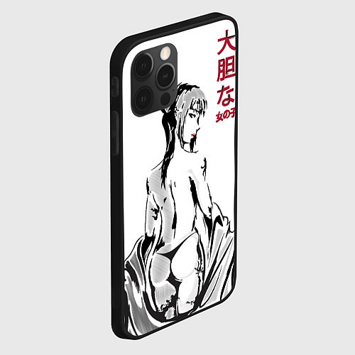 Чехол iPhone 12 Pro Девушка вполоборота в стиле манга с японскими иеро / 3D-Черный – фото 2