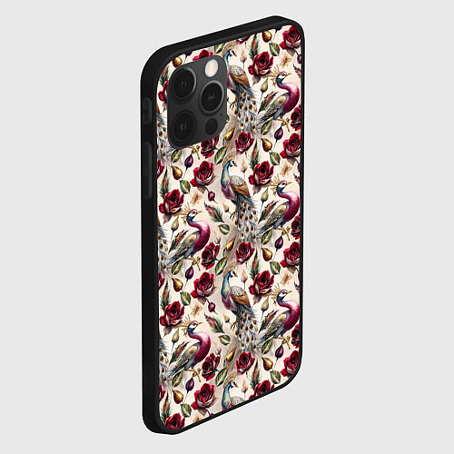 Чехол iPhone 12 Pro Цветочный паттерн с павлинами / 3D-Черный – фото 2