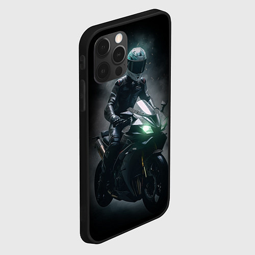 Чехол iPhone 12 Pro Мотоциклист на спортивном байке черный фон / 3D-Черный – фото 2