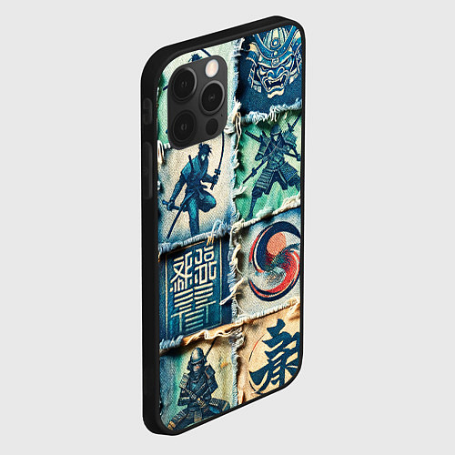 Чехол iPhone 12 Pro Самураи на пэчворк дениме / 3D-Черный – фото 2
