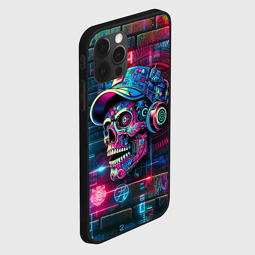 Чехол iPhone 12 Pro Кибер чувак череп на фоне граффити - нейросеть / 3D-Черный – фото 2