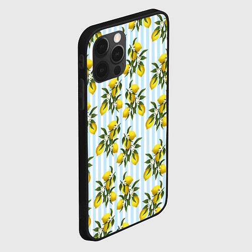 Чехол iPhone 12 Pro Ветка летних лимонов - голубые полосы / 3D-Черный – фото 2