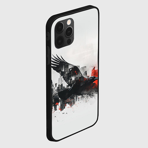 Чехол iPhone 12 Pro Летающий ворон и город / 3D-Черный – фото 2