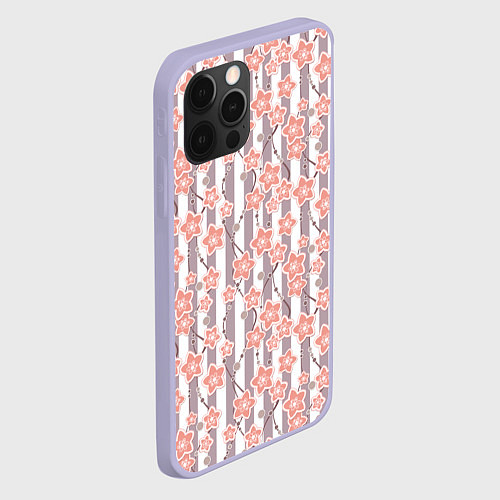 Чехол iPhone 12 Pro Коралловые цветы на полосатом фоне / 3D-Светло-сиреневый – фото 2