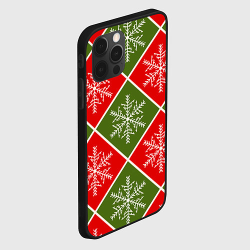 Чехол iPhone 12 Pro Рождественский паттерн со снежинками в ромбах / 3D-Черный – фото 2