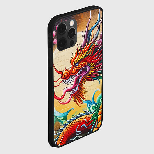 Чехол iPhone 12 Pro Дракон на фоне солнца и сакуры - граффити / 3D-Черный – фото 2