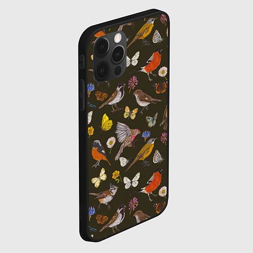 Чехол iPhone 12 Pro Птицы и бабочки с цветами паттерн / 3D-Черный – фото 2