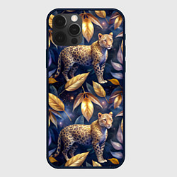 Чехол для iPhone 12 Pro Леопард с золотыми листьями паттерны, цвет: 3D-черный