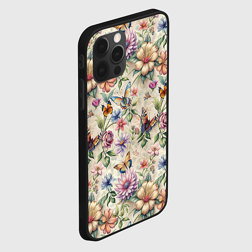Чехол iPhone 12 Pro Летний узор с цветами и бабочками / 3D-Черный – фото 2
