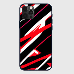 Чехол для iPhone 12 Pro Красно-белые полосы на чёрном фоне, цвет: 3D-черный