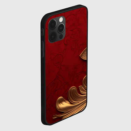 Чехол iPhone 12 Pro Объемный золотой лист на красном текстурном фоне / 3D-Черный – фото 2
