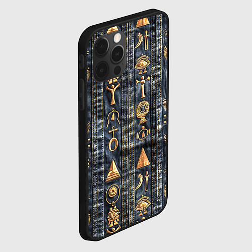 Чехол iPhone 12 Pro Египетские символы на дениме / 3D-Черный – фото 2