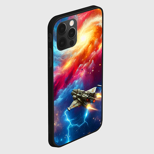 Чехол iPhone 12 Pro Космолёт в неоновом космосе / 3D-Черный – фото 2