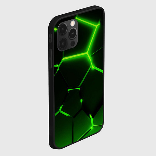 Чехол iPhone 12 Pro Темные зеленые неоновые плиты в разломе / 3D-Черный – фото 2