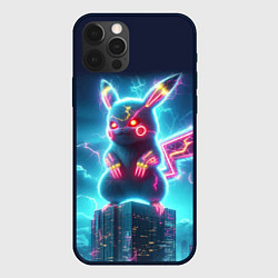 Чехол для iPhone 12 Pro Пикадзила на крыше небоскрёба - неоновое свечение:, цвет: 3D-черный