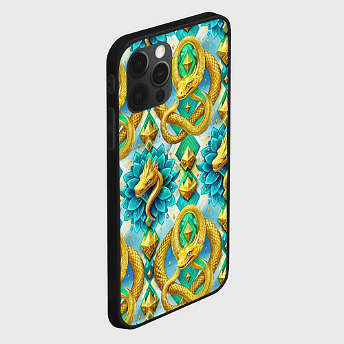Чехол iPhone 12 Pro Золотистые змеи и цветы / 3D-Черный – фото 2