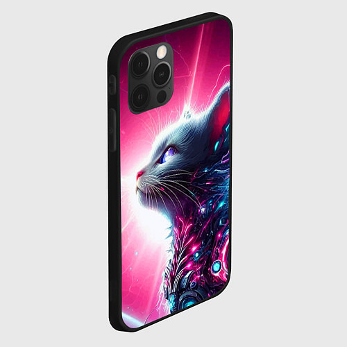 Чехол iPhone 12 Pro Космический кибер котёнок - неоновое свечение / 3D-Черный – фото 2