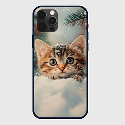 Чехол для iPhone 12 Pro Маленький котенок на снегу с новогодними шариками, цвет: 3D-черный