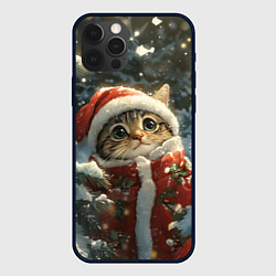 Чехол для iPhone 12 Pro Новогодний котик в зимнем лесу, цвет: 3D-черный